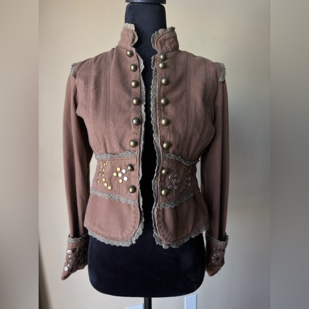 Embellished studded military jacket lace 
stand up collar miss me size small